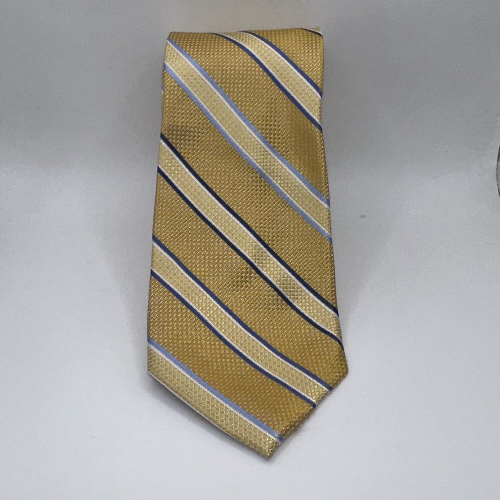 Pronto Uomo Platinum Gold Blue Striped Tie Men’s 100% Silk Handmade - Excellent